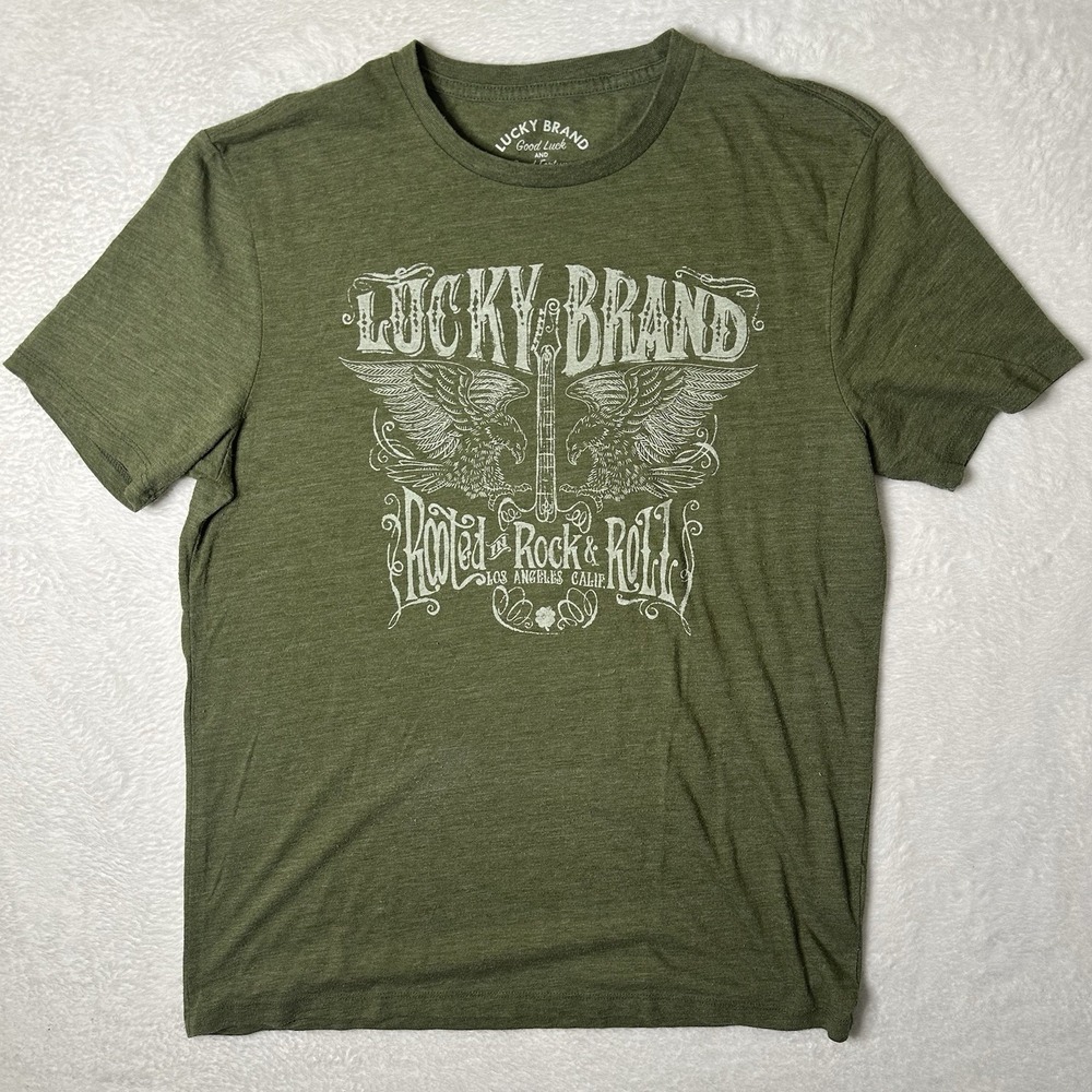 Lucky Brand Mens Shirt Green Graphic Tee Rooted In Rock & Roll Eagle Guitar M